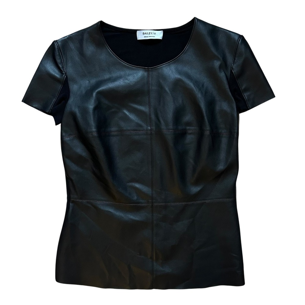 Bailey/44 Black Faux Leather Front Short Sleeve Top Mixed Media Size Medium